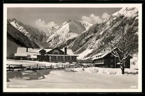 AK Oberstdorf i. bayr. Allg., Gasthof Spielmannsau, Winterlandschaft, Berge