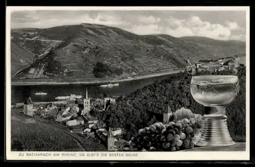 AK Bacharach am Rhein, Weinberge, Rheinblick, Weintrauben und Weinglas