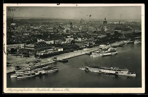 AK Mainz a. Rh., Stadthalle, Dampfschiffe, Rheinufer