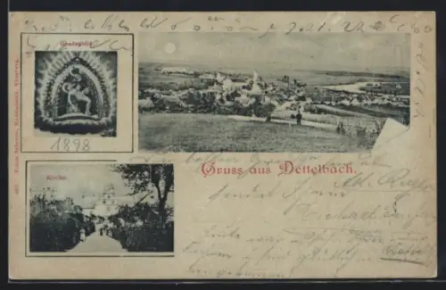 Mondschein-AK Dettelbach, Teilansicht, Kirche, Gnadenbild