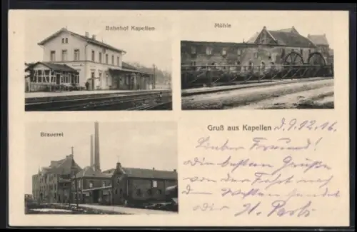 AK Kapellen, Bahnhof, Mühle, Brauerei