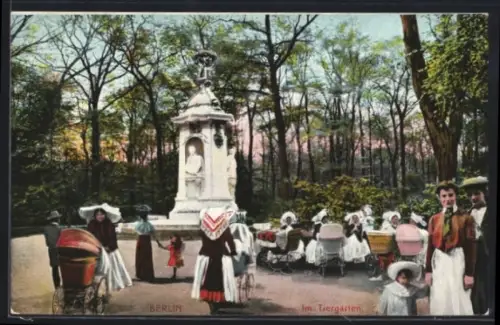 AK Berlin, Grosser Tiergarten, Spaziergänger mit Kinderwagen am Denkmal