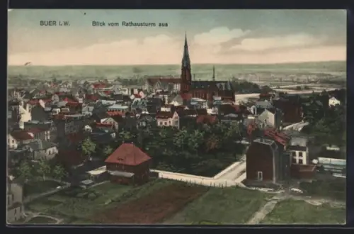 AK Buer i. W., Blick vom Rathausturm mit Kirche