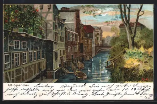 Lithographie Berlin-Spandau, Schwanenpartie im Ort