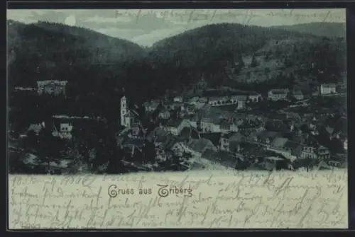 Mondschein-AK Triberg, Teilansicht mit Kirche