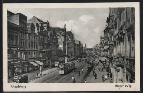 AK Magdeburg, Strasse Breiter Weg mit Strassenbahn