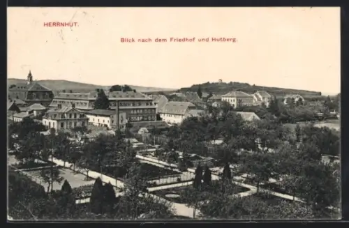 AK Herrnhut, Blick auf Friedhof und Hutberg