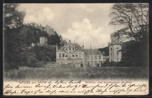 AK Sayn, Schloss vom Schlosspark gesehen