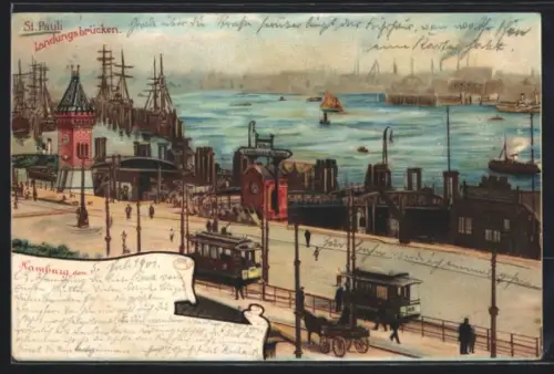 Lithographie Hamburg-St. Pauli, Strassenbahn an den Landungsbrücken
