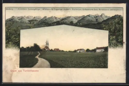 AK Tuntenhausen, Ortspanorama mit Landstrasse u. Feldern, Gebirgspanorama