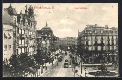 AK Frankfurt a. M., Kaiserstrasse mit Anlage u. Strassenbahnen