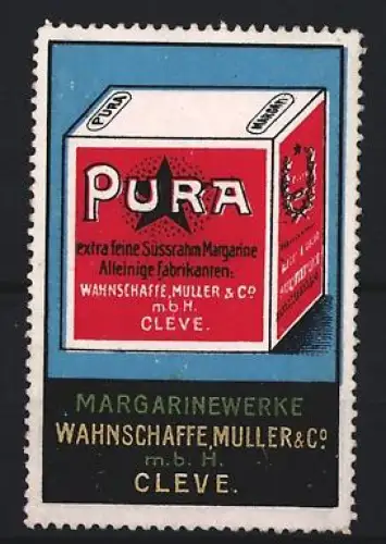 Reklamemarke Cleve, PURA Margarine, Margarinewerke Wahnschaffe Müller & Co. mbH, Margarinewürfel