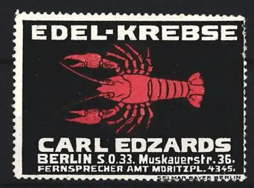 Reklamemarke Berlin, Edel-Krebse Carl Edzards, Muskauerstr. 36, Krebs-Illustration