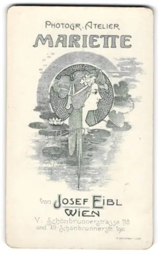 Fotografie Josef Eibl, Wien, Schönbrunnerstrasse 118, Profil einer Dame mit langem Haar, Seerosenteich im Hintergrund