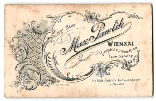 Fotografie Max Pavlik, Wien, Hauptstrasse 37, Name des Fotografen umrahmt von geschwungenen Linien