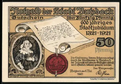 Notgeld Butzbach 1921, 50 Pfennig, Stadtjubiläum mit Landgraf Phillipp und Ortsansicht nach Merian