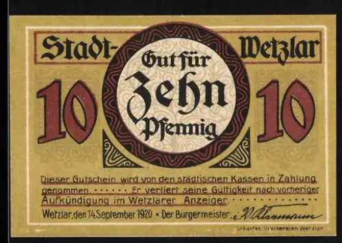 Notgeld Wetzlar 1920, 10 Pfennig, Industriemotiv, Mikroskop und Fernglas