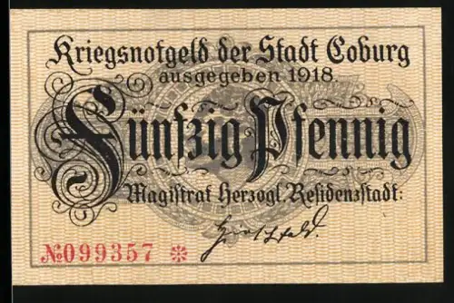 Notgeld Coburg 1918, 50 Pfennig, Ansicht der Veste Coburg