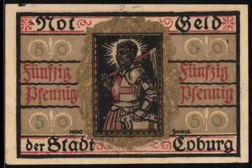 Notgeld Coburg 1919, 50 Pfennig, Ritter in Rüstung und Veste Coburg