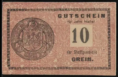 Notgeld Grein 1920, 10 Heller, Wappen auf floralem Hintergrund