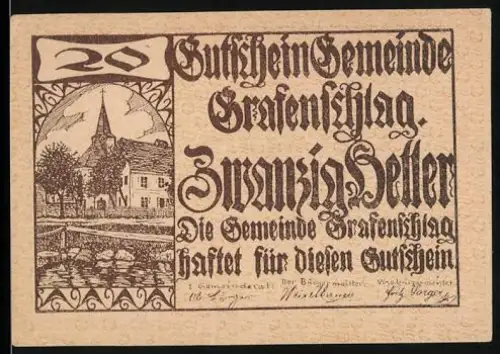 Notgeld Grafenschlag 1920, 20 Heller, ländliche Kirche und Landschaftsansicht
