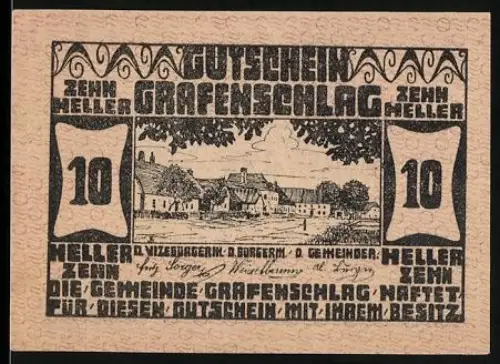 Notgeld Grafenschlag 1920, 10 Heller, Dorfszene mit Gebäuden und Anger