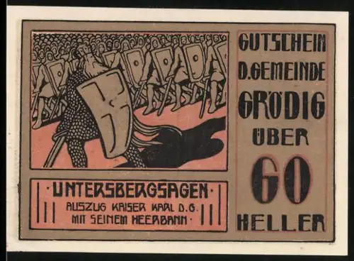Notgeld Grödig 1920, 60 Heller, Untersbergsagen, Auszug Kaiser Karl d. Grosse mit seinem Heerbann