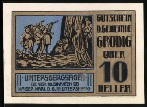Notgeld Grödig 1920, 10 Heller, Untersbergsagen, Die 4 Musikanten bei Kaiser Karl dem Grossen