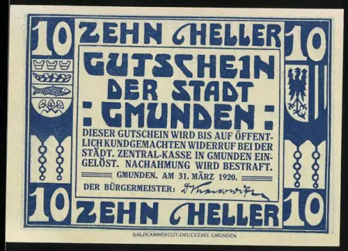 Notgeld Gmunden 1920, 10 Heller, Segelschiff und Stadtwappen-Motiv