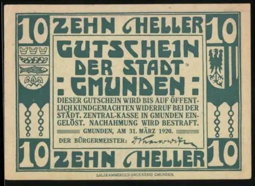 Notgeld Gmunden 1920, 10 Heller, Segelschiff und dekorative Ornamente
