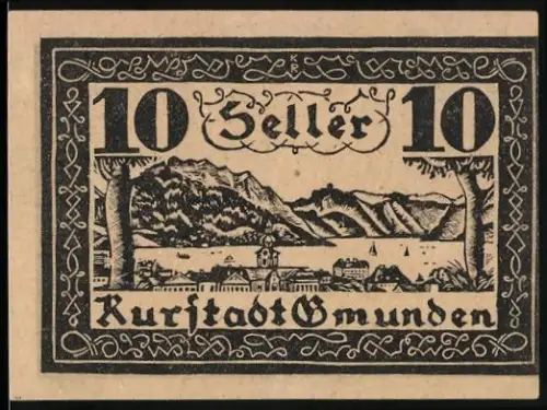 Notgeld Gmunden 1920, 10 Heller, Ortsansicht mit Bergen und See, Wappen von Gmunden