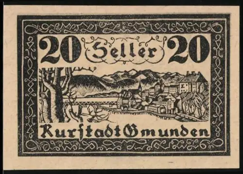 Notgeld Gmunden 1920, 20 Heller, Ortsansicht mit Bergen und Bäumen, Wappen von Gmunden
