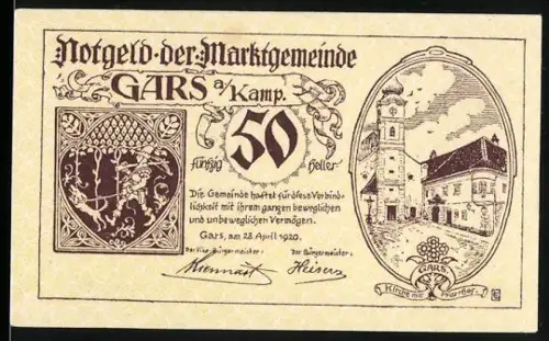 Notgeld Gars a. Kamp 1920, 50 Heller, Wappen und Ortsansicht