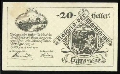 Notgeld Gars a. Kamp 1920, 20 Heller, Wappen mit Jagdmotiv und Landschaftsabbildung