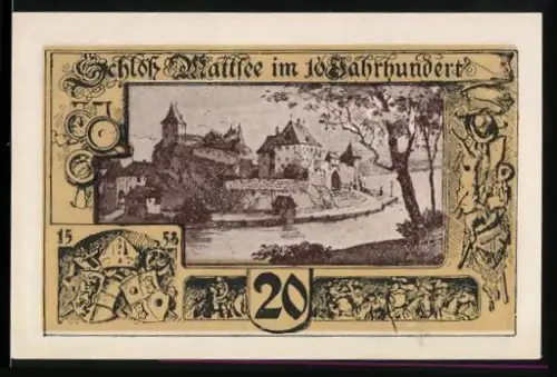 Notgeld Mattsee 1920, 20 Heller, Schloss Mattsee im 16. Jahrhundert, Ortsansicht mit Kirche und Wappen