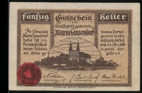 Notgeld Maria Lanzendorf, 50 Heller, Kirche mit zwei Türmen und rotem Siegel