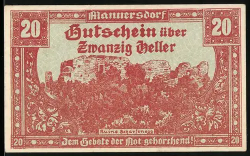 Notgeld Mannersdorf a. Lgb. 1920, 20 Heller, Ruine Scharfenegg