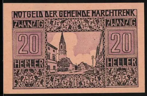 Notgeld Marchtrenk 1920, 20 Heller, Ortsansicht mit Kirche und dekorativen Mustern