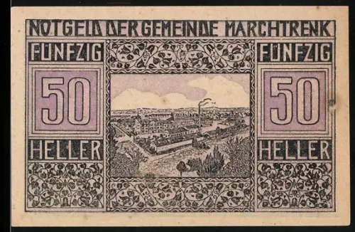 Notgeld Marchtrenk 1920, 50 Heller, Fabrikansicht und florale Muster