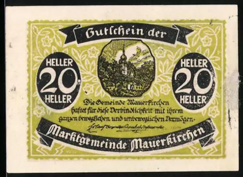 Notgeld Mauerkirchen, 20 Heller, Landschaft mit Kirche, Schriftzugornamente