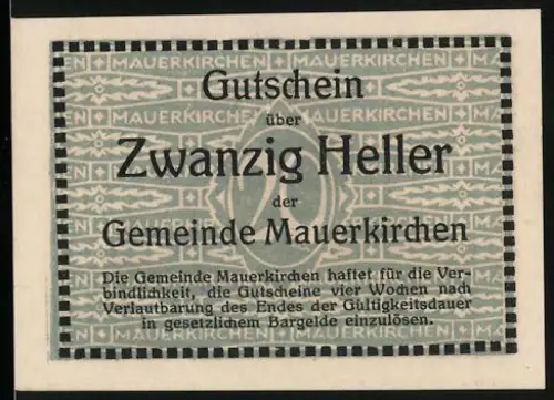 Notgeld Mauerkirchen, 20 Heller, Ansicht der Kirche