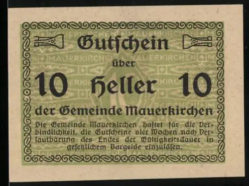 Notgeld Mauerkirchen, 10 Heller, grünes Muster mit Wappen von Mauerkirchen