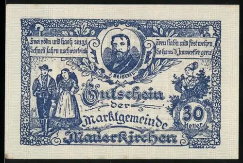 Notgeld Mauerkirchen 1920, 30 Heller, Porträt J. Reischl und traditionell gekleidete Figuren