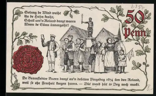 Notgeld Bad Bramstedt 1920, 50 Pfennig, Bauern mit Roland-Statue und Wappen mit Ritter im Schild