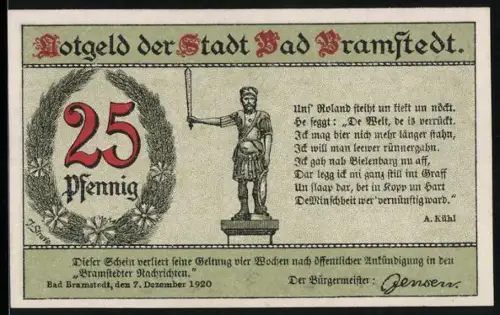 Notgeld Bad Bramstedt 1920, 25 Pfennig, Rolandstatue und Frau am Brunnen mit floralen Mustern