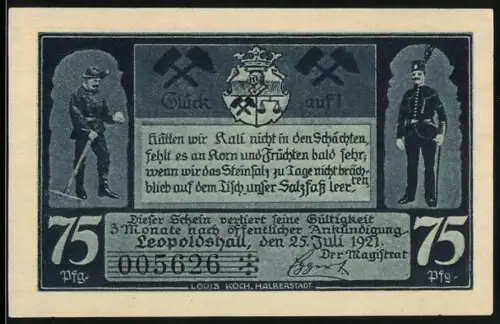 Notgeld Leopoldshall i. Anh. 1921, 75 Pfennig, Bergleute, Hängebank, Wappen