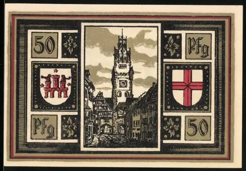 Notgeld Freiburg i. Br. 1921, 50 Pfennig, Ortspartie mit Wohnhäusern und Stadtturm