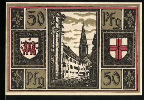 Notgeld Freiburg i. Br. 1921, 50 Pfennig, Strassenpartie mit Blick auf das Münster