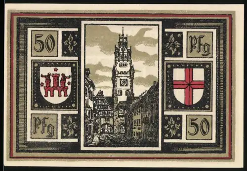 Notgeld Freiburg i. Br. 1921, 50 Pfennig, Ortsansicht und Stadtwappen