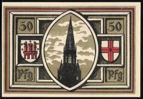 Notgeld Freiburg i. Br. 1921, 50 Pfennig, Silhouette des Münsters und Wappenmotive